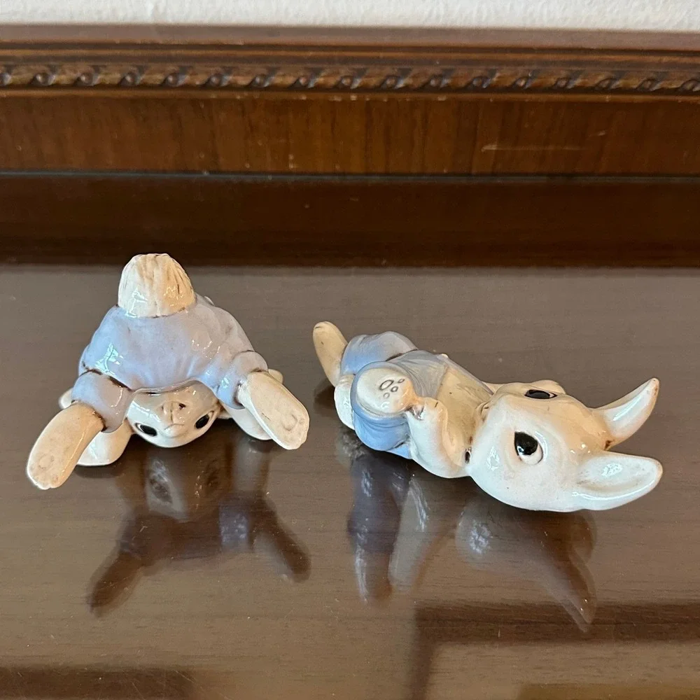 Vintage Playful Ceramic Bunny Figurines Set Blue Overalls Handstand Easter Decor